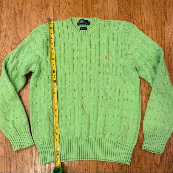 Polo Ralph Lauren green cotton cable-knit preppy sweater pink embroidered pony - Picture 3 of 10
